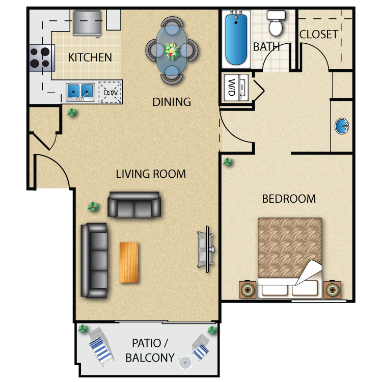 Floor plan for 1 bed, 1 bath, 701 sqft